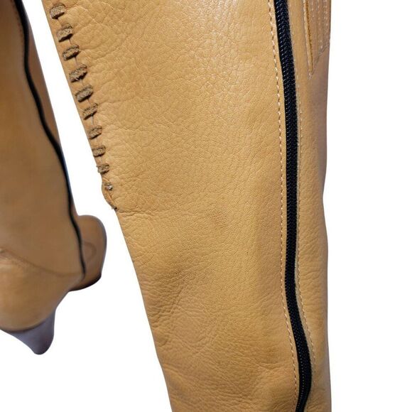 Vintage 70s Western Tan Knee-High Leather Boots Sz 3 Patchwork Stitching Heeled - Picture 11 of 16